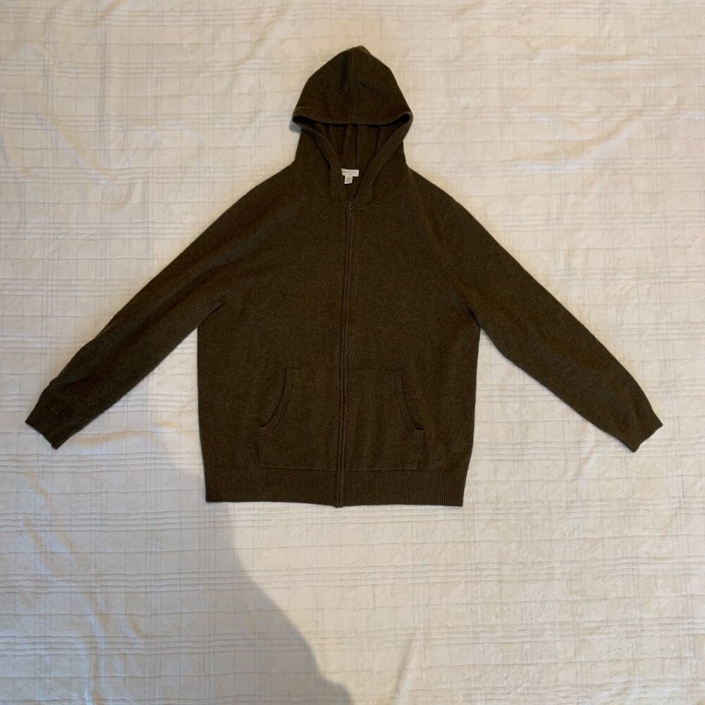 Garnet Hill Cashmere Zip Hoodie – Heathered Moss Green (Men’s XL)